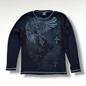 Y2K No Boundaries Waffle Knit Long Sleeve Shirt Black Large Skulls Cross Grunge